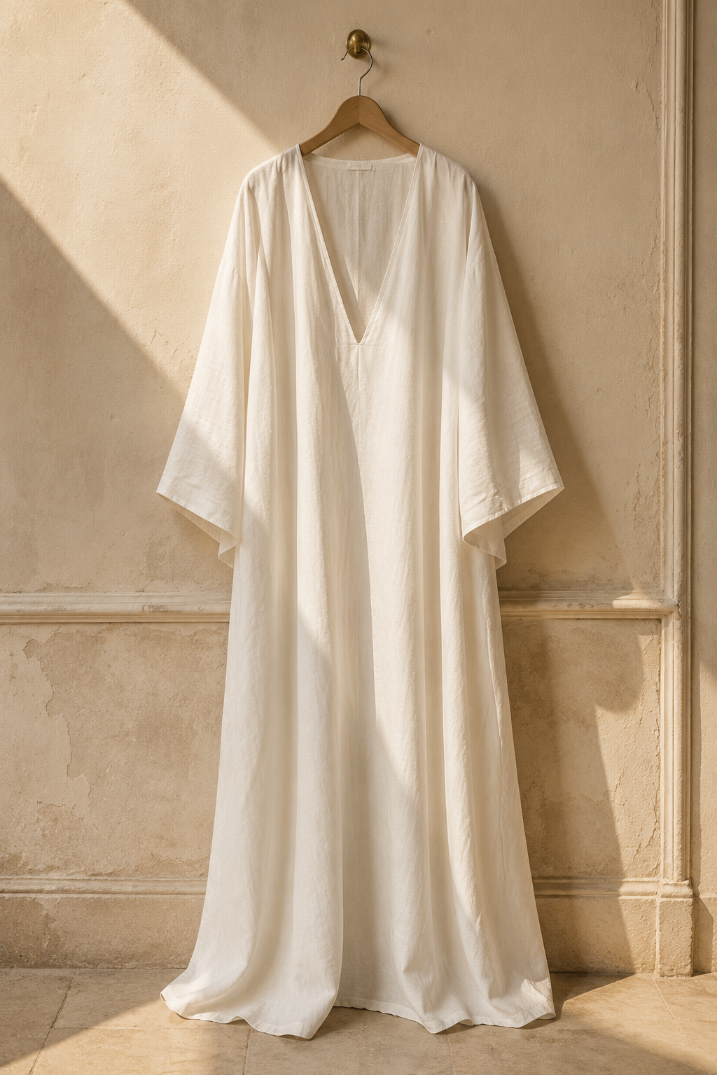 White linen shift maxi dress, hanging on wooden hanger against plaster wall