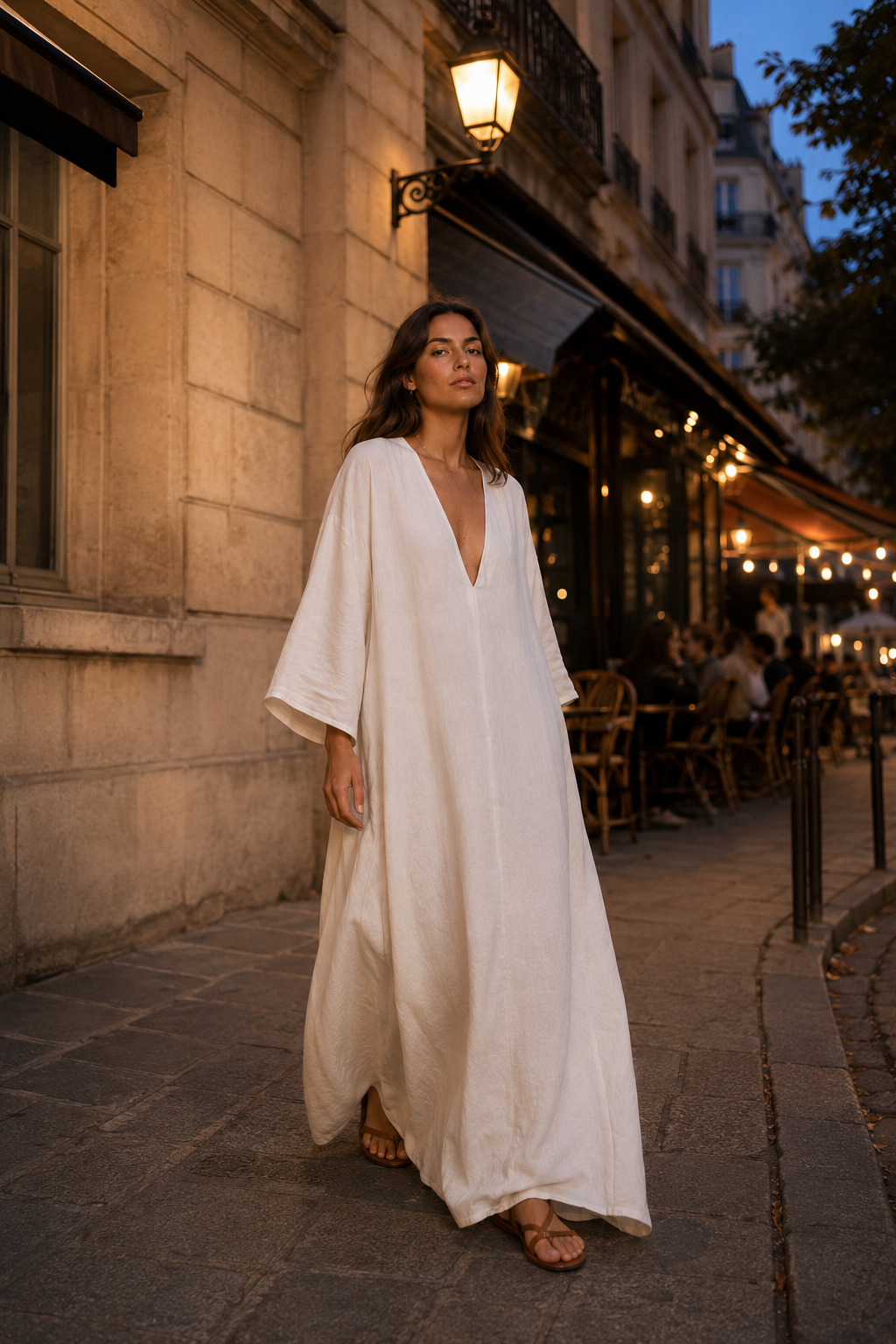 White linen shift maxi dress, lifestyle, strolling through a sunny village street