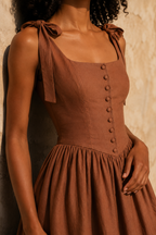 Brown linen a-line maxi dress, fabric detail, flax weave in raking light
