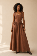 Brown linen a-line maxi dress, full front view, full a-line skirt drape