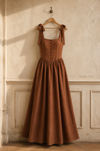 Brown linen a-line maxi dress, hanging on wooden hanger against plaster wall