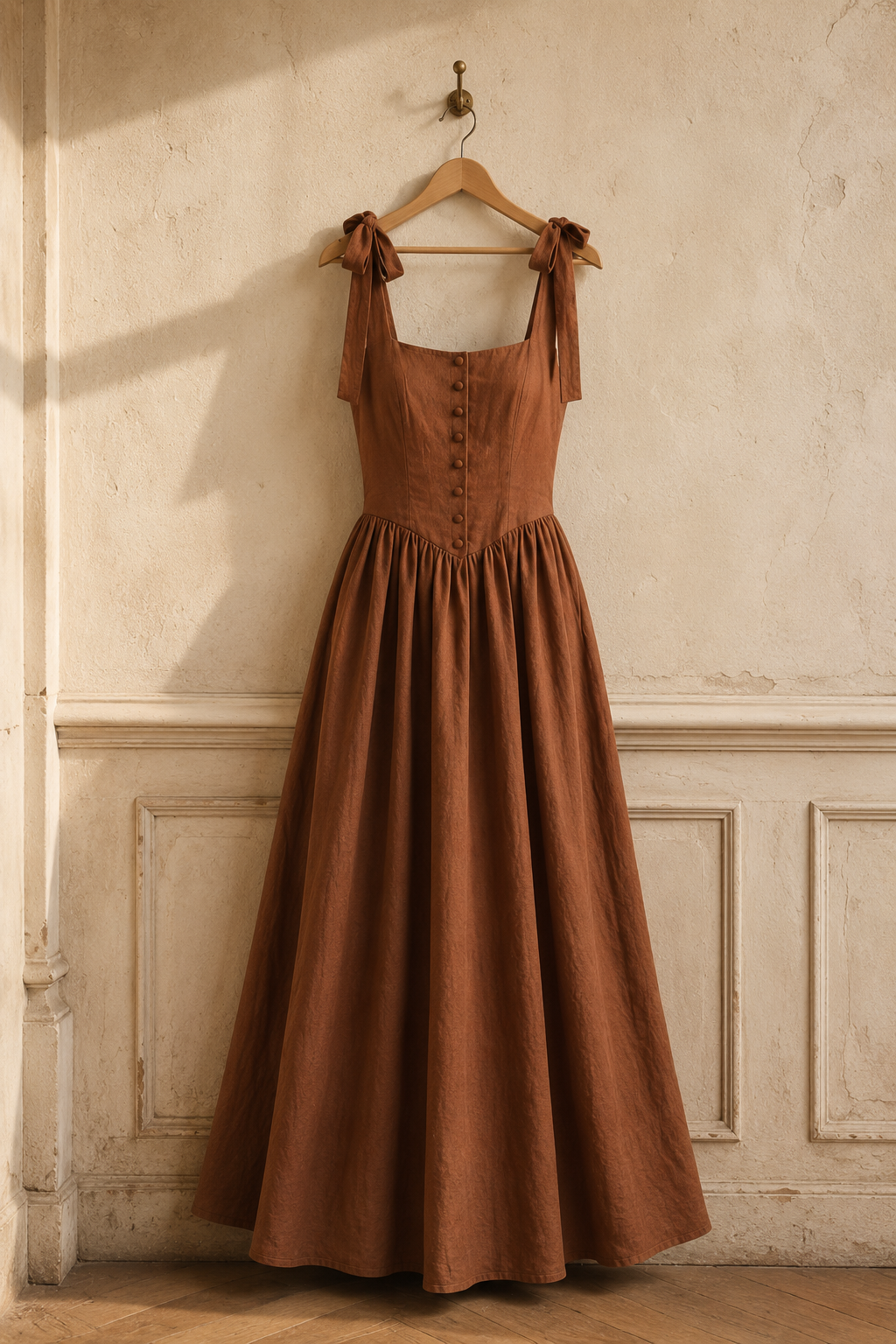 Brown linen a-line maxi dress, hanging on wooden hanger against plaster wall