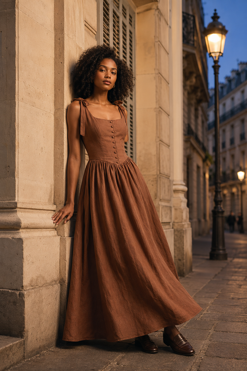 Brown linen a-line maxi dress, front view, square neckline and button front