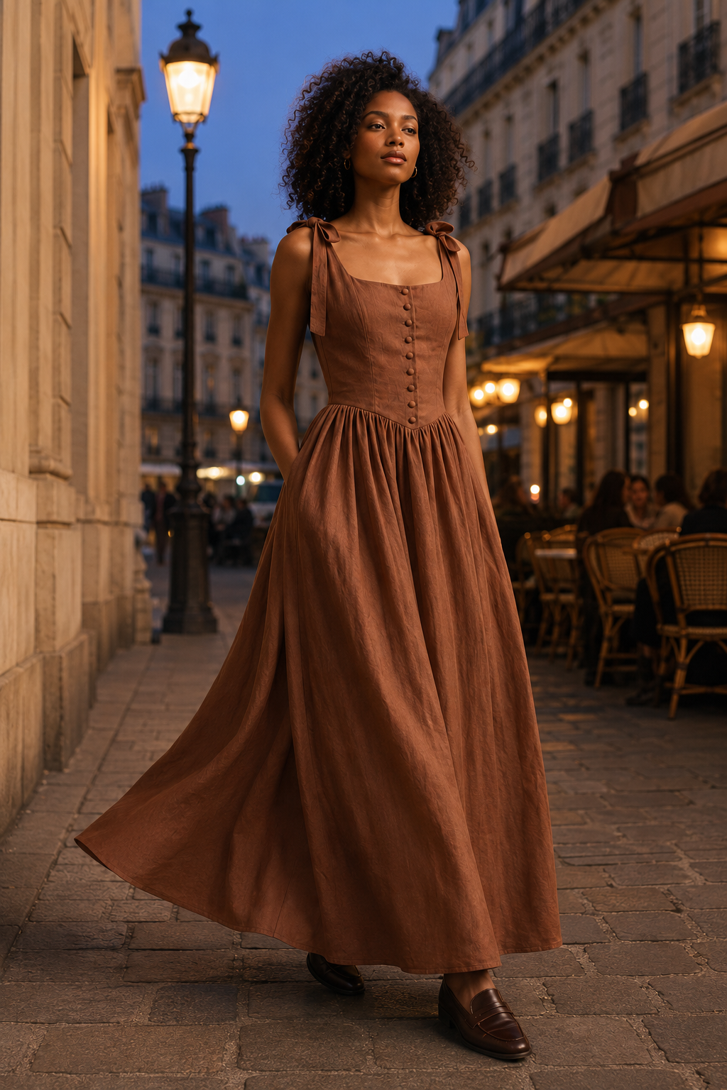 Brown linen a-line maxi dress, lifestyle, gentle light, relaxed moment