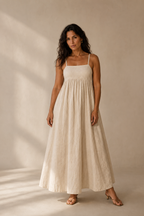 Ivory linen a-line maxi dress, full front view, straight neckline, delicate spaghetti straps