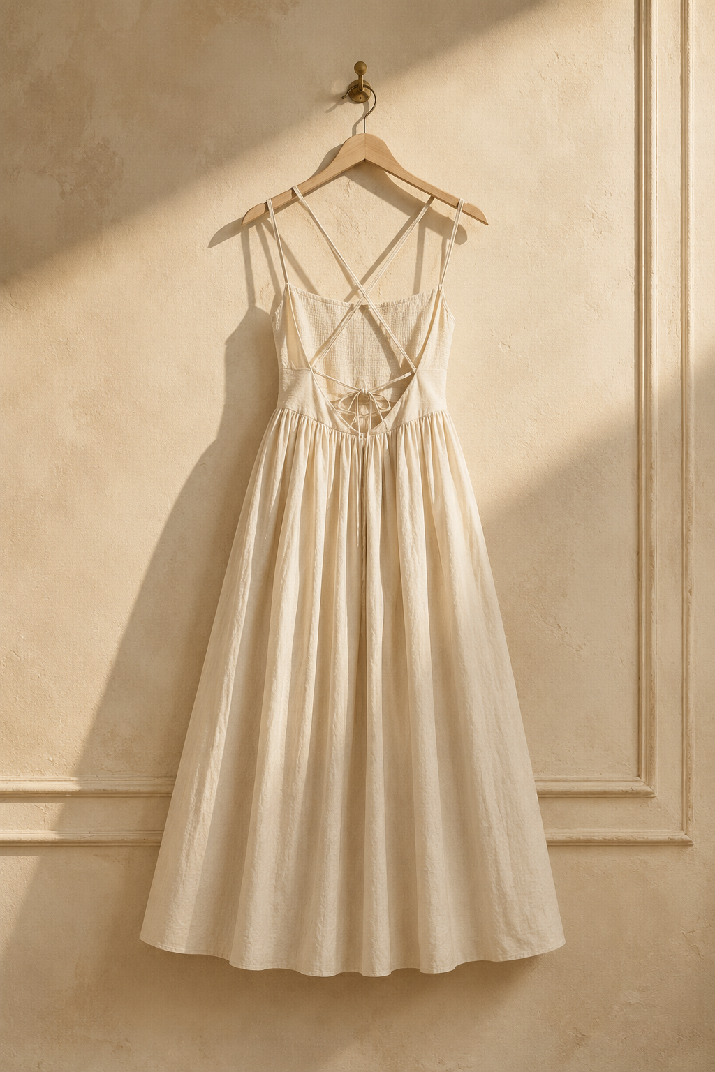 Ivory linen a-line maxi dress, hanging on wooden hanger against plaster wall
