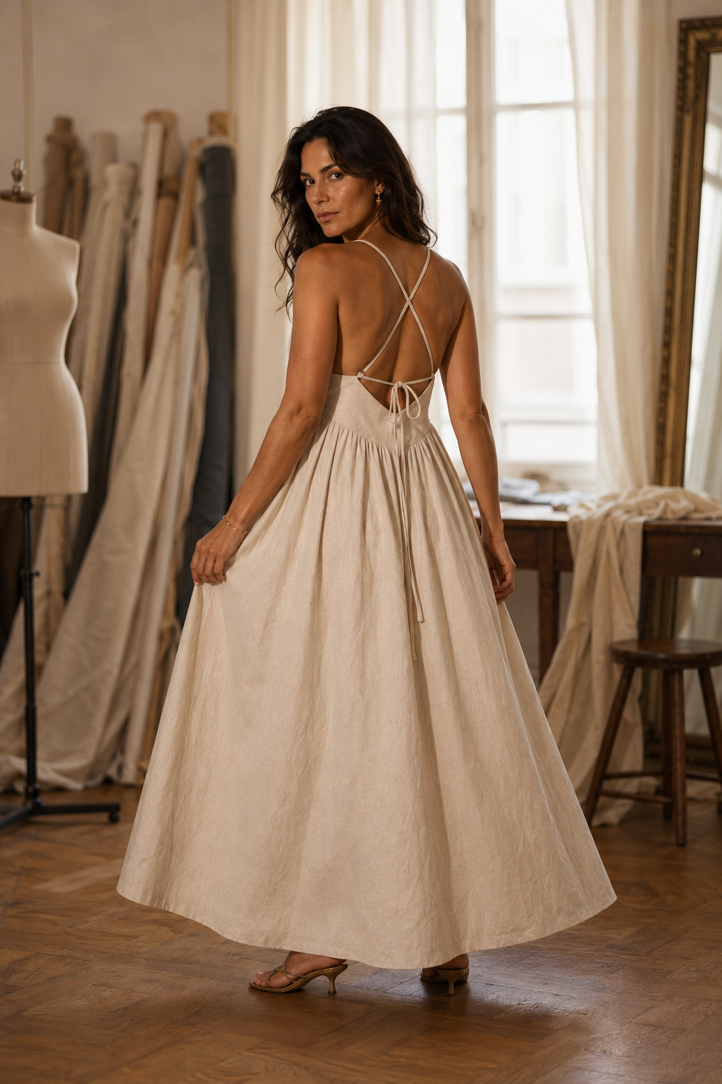 Ivory linen a-line maxi dress, lifestyle, sunlit wall, gentle shadows