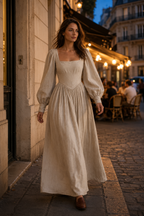 Beige linen a-line maxi dress, lifestyle, quiet moments, soft light