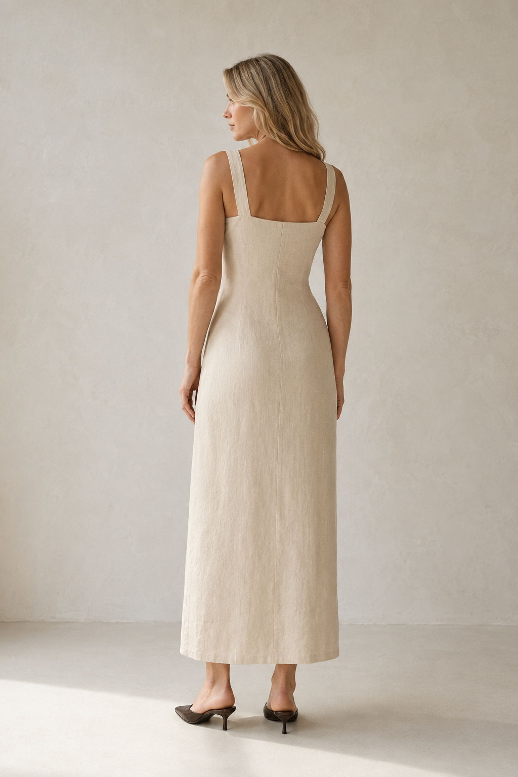 Ivory linen column maxi dress, back view, clean lines, subtle texture