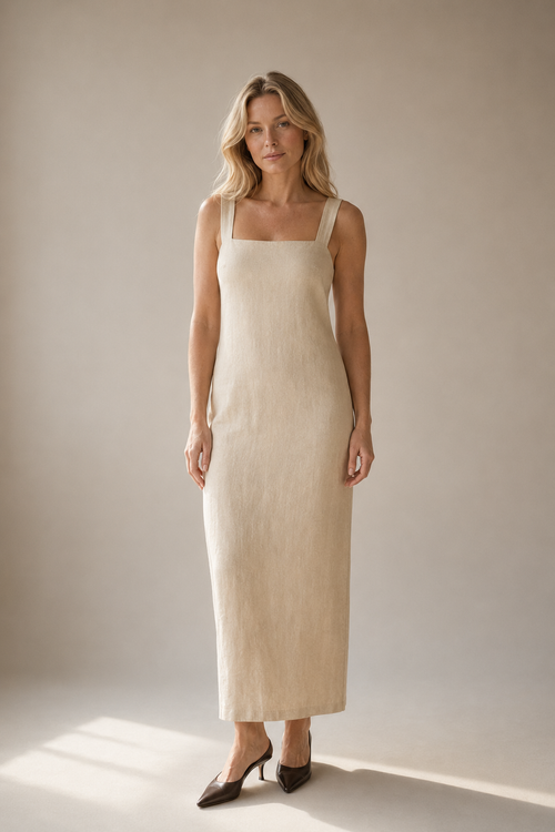 Ivory linen column maxi dress, full front view, full length, natural linen