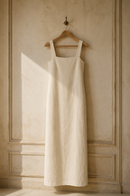 Ivory linen column maxi dress, hanging on wooden hanger against plaster wall