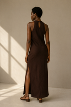 Dark brown crepe column maxi dress, back view, sleek back profile