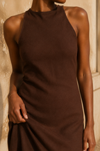 Dark brown crepe column maxi dress, fabric detail, fabric texture in raking light
