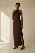 Dark brown crepe column maxi dress, full front view, clean column silhouette