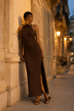 Dark brown crepe column maxi dress, front view, high neckline and sleeveless cut
