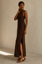 Dark brown crepe column maxi dress, three-quarter view, smooth fabric drape