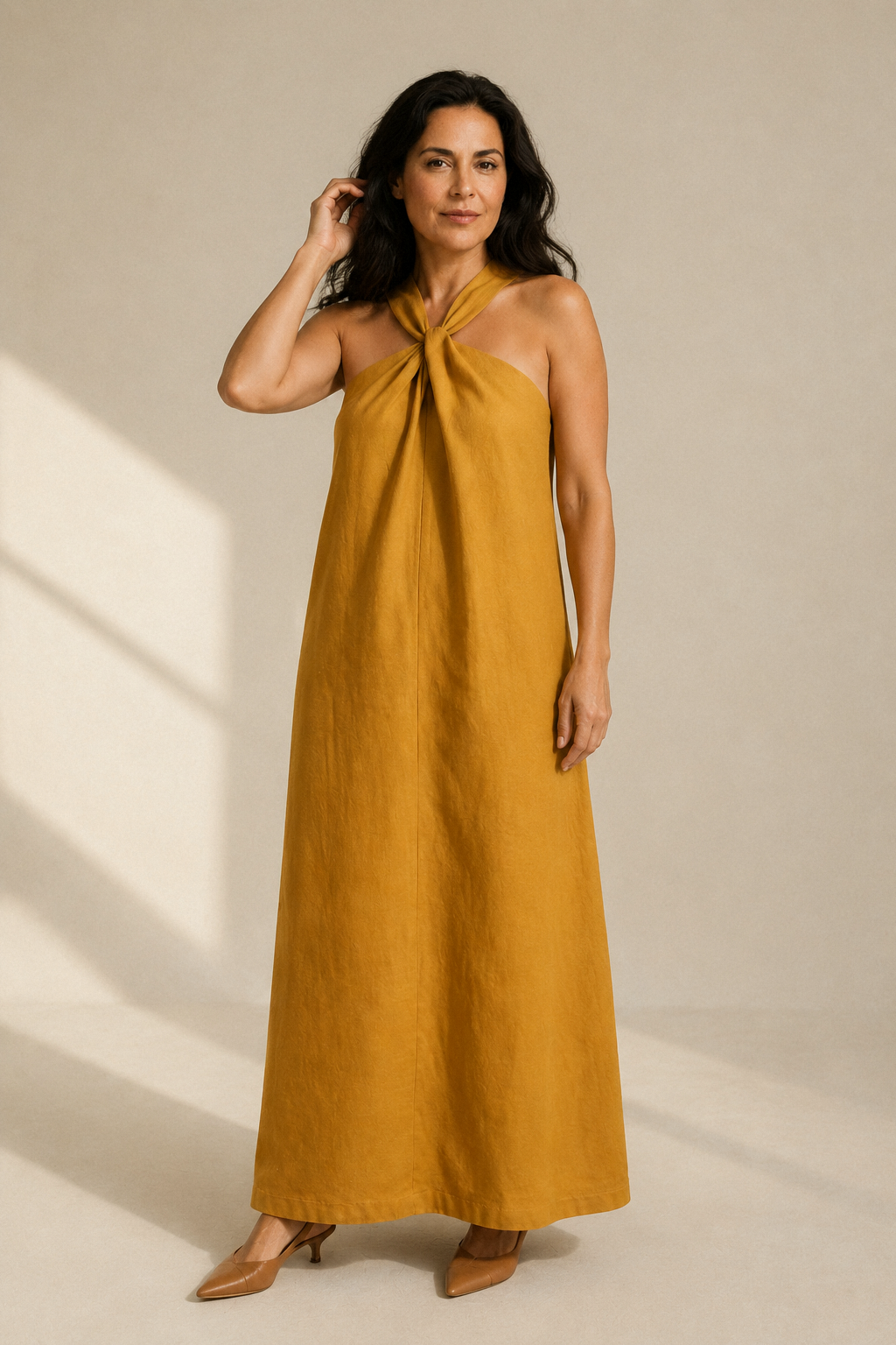 Mustard yellow linen shift maxi dress, full front view, relaxed fit, straight silhouette