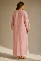 Dusty pink linen shift maxi dress, back view, relaxed fit from shoulder to hem