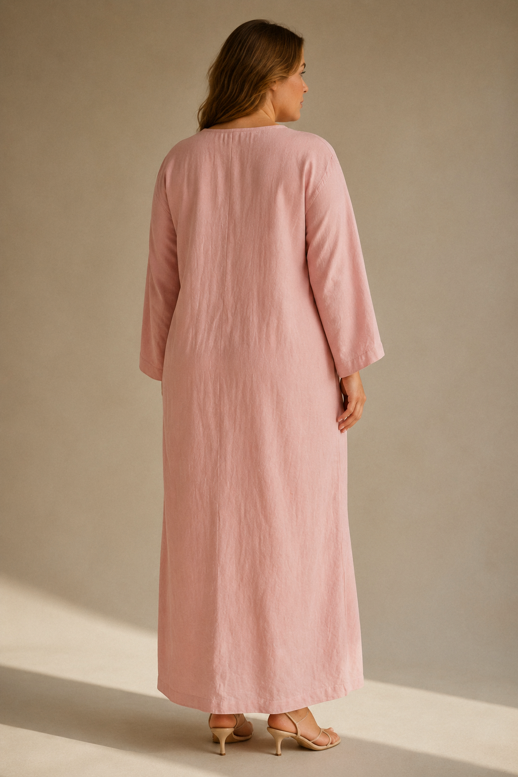 Dusty pink linen shift maxi dress, back view, relaxed fit from shoulder to hem