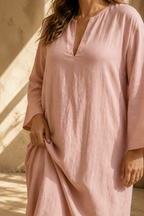 Dusty pink linen shift maxi dress, fabric detail, flax weave in raking light