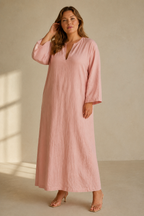 Dusty pink linen shift maxi dress, full front view, flowing maxi length and three-quarter sleeves
