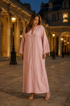 Dusty pink linen shift maxi dress, front view, deep V-neck and relaxed silhouette