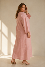 Dusty pink linen shift maxi dress, three-quarter view, soft drape and effortless silhouette