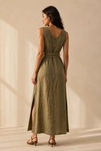 Olive green linen column maxi dress, back view, unadorned back, simple column line