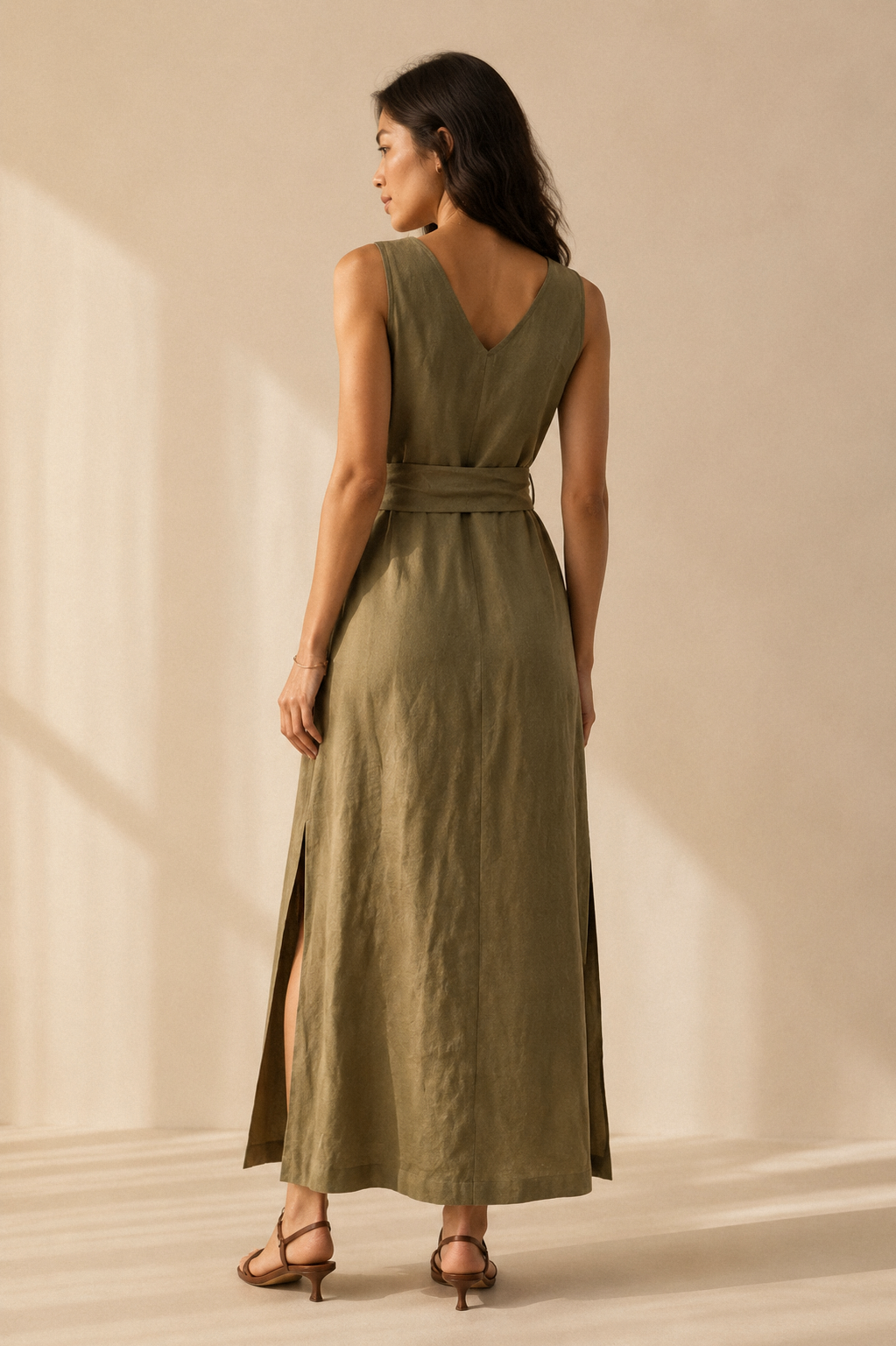 Olive green linen column maxi dress, back view, unadorned back, simple column line