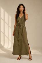 Olive green linen column maxi dress, full front view, flowing column silhouette with side slits