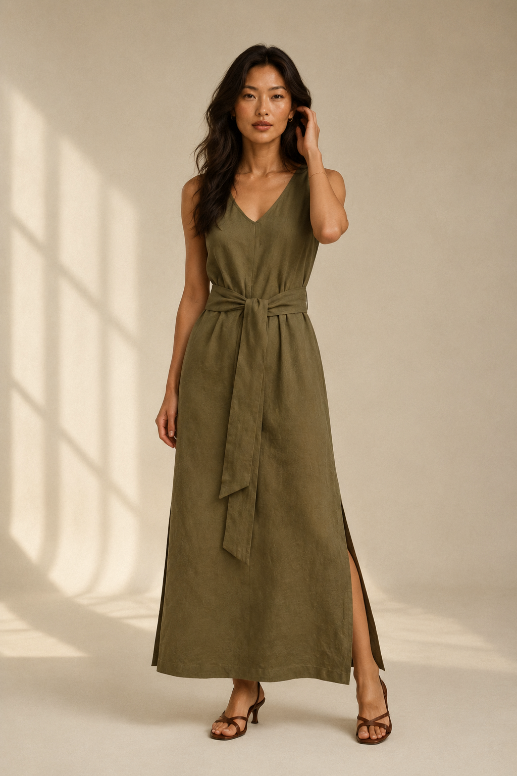 Olive green linen column maxi dress, full front view, flowing column silhouette with side slits
