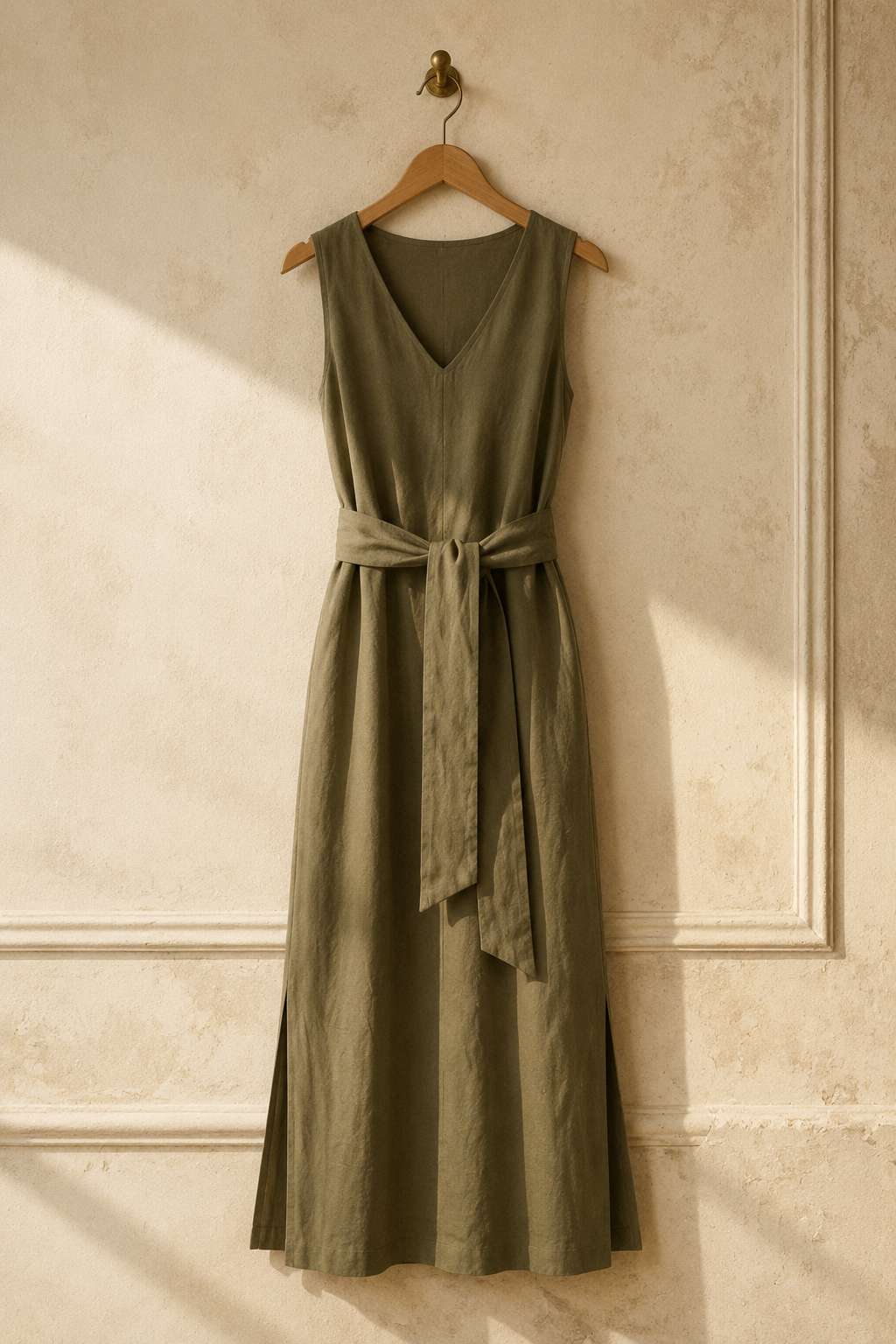 Olive green linen column maxi dress, hanging on wooden hanger against plaster wall