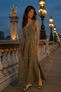 Olive green linen column maxi dress, front view, V neckline, tie waist, side pockets