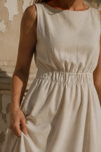 Ivory linen a-line maxi dress, fabric detail, flax weave in raking light