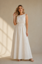 Ivory linen a-line maxi dress, full front view, maxi length, flowing A-line skirt