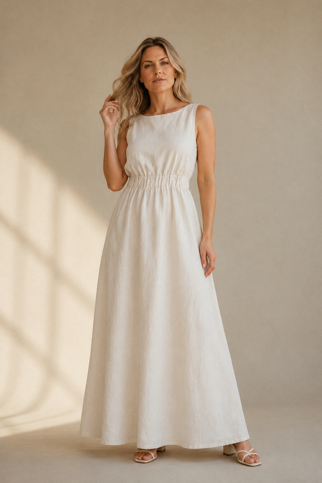 Ivory linen a-line maxi dress, full front view, maxi length, flowing A-line skirt