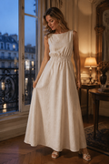 Ivory linen a-line maxi dress, front view, boat neckline, elasticized waist, linen fabric