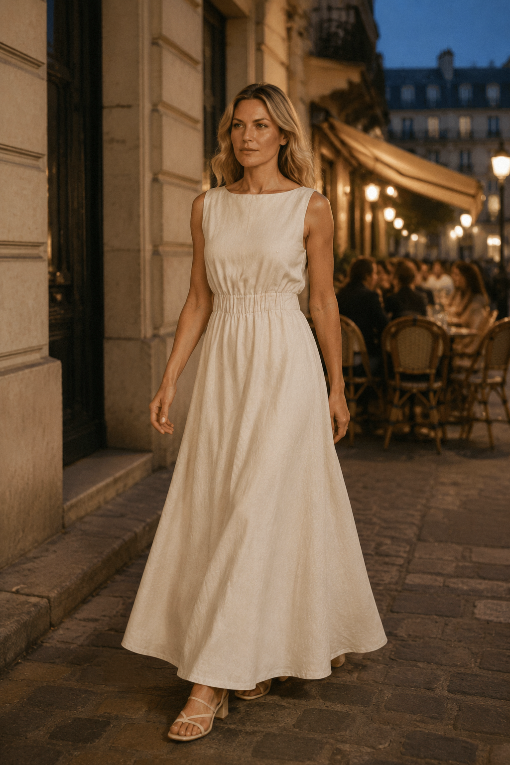 Ivory linen a-line maxi dress, lifestyle, sunlit courtyard, relaxed afternoon