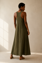 Olive green linen shift maxi dress, back view, relaxed back silhouette