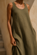 Olive green linen shift maxi dress, fabric detail, flax weave in raking light