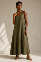 Olive green linen shift maxi dress, full front view, relaxed fit and side pockets