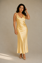 Butter yellow silk slip maxi dress, full front view, full length slip dress silhouette