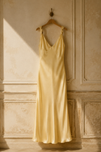 Butter yellow silk slip maxi dress, hanging on wooden hanger against plaster wall