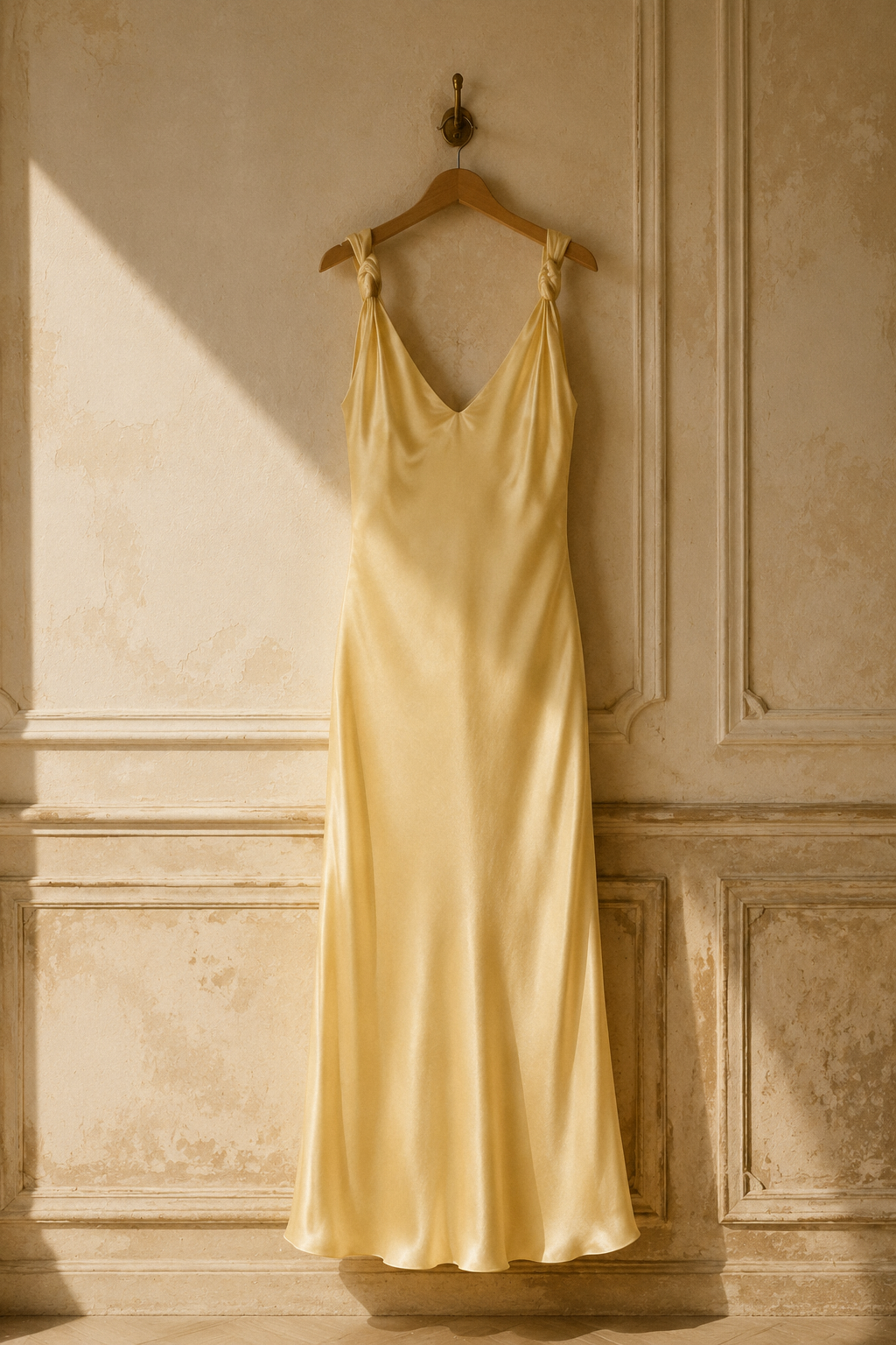 Butter yellow silk slip maxi dress, hanging on wooden hanger against plaster wall