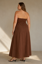 Brown cotton a-line maxi dress, back view, clean back and A-line drape