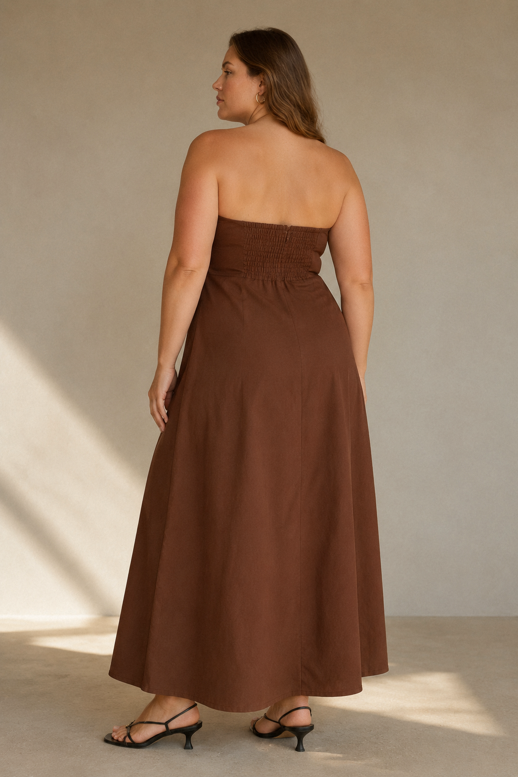 Brown cotton a-line maxi dress, back view, clean back and A-line drape