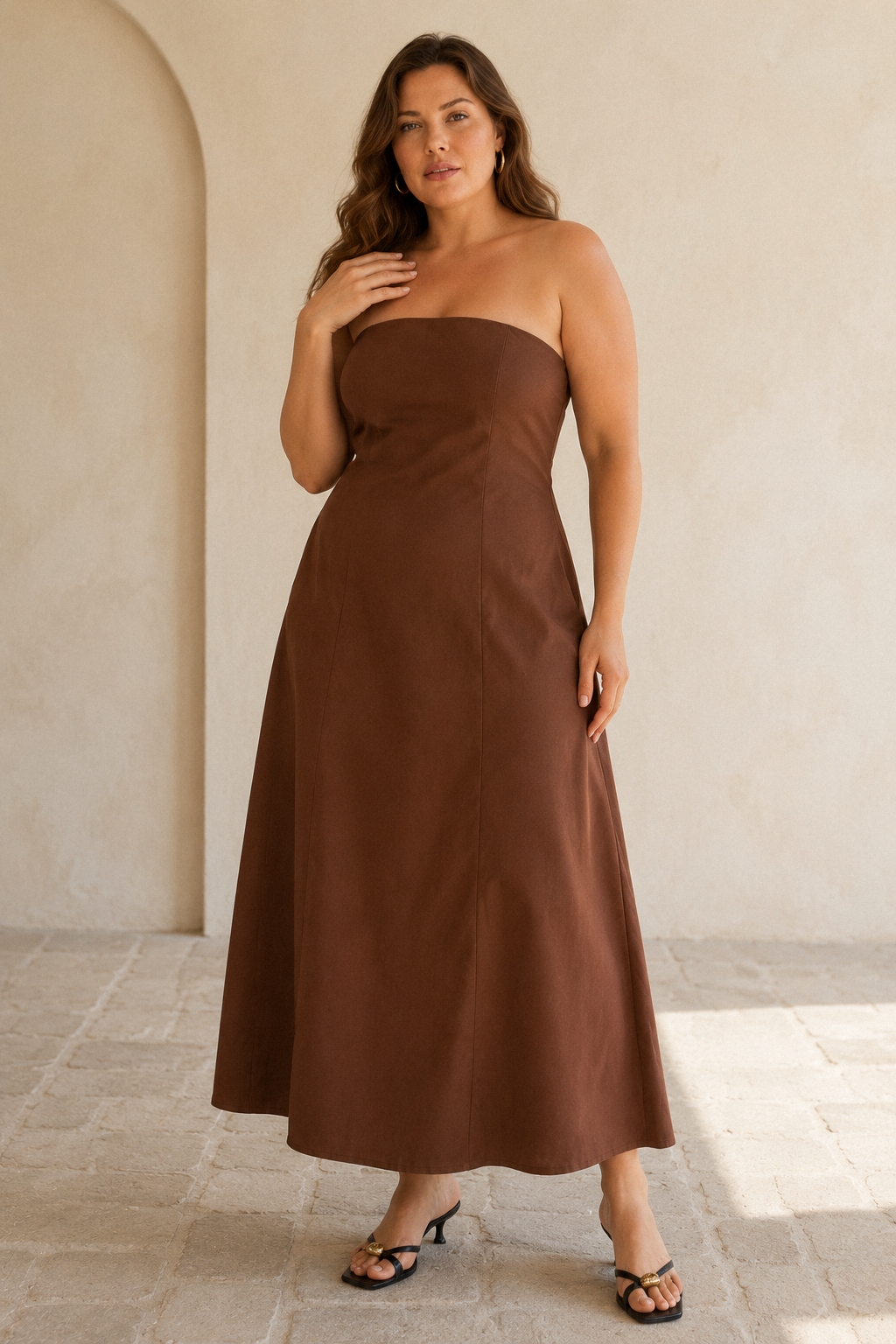 Brown cotton a-line maxi dress, full front view, side pockets and panel seaming