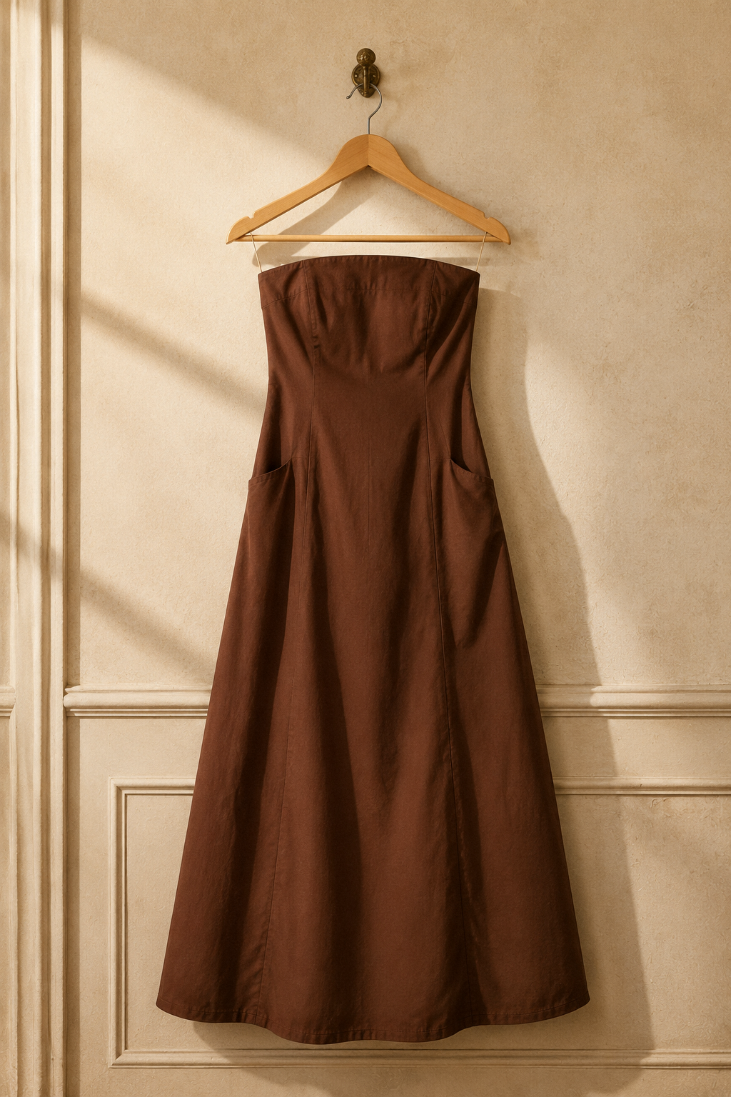 Brown cotton a-line maxi dress, hanging on wooden hanger against plaster wall