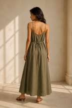 Olive green linen slip maxi dress, back view, straight back with thin straps
