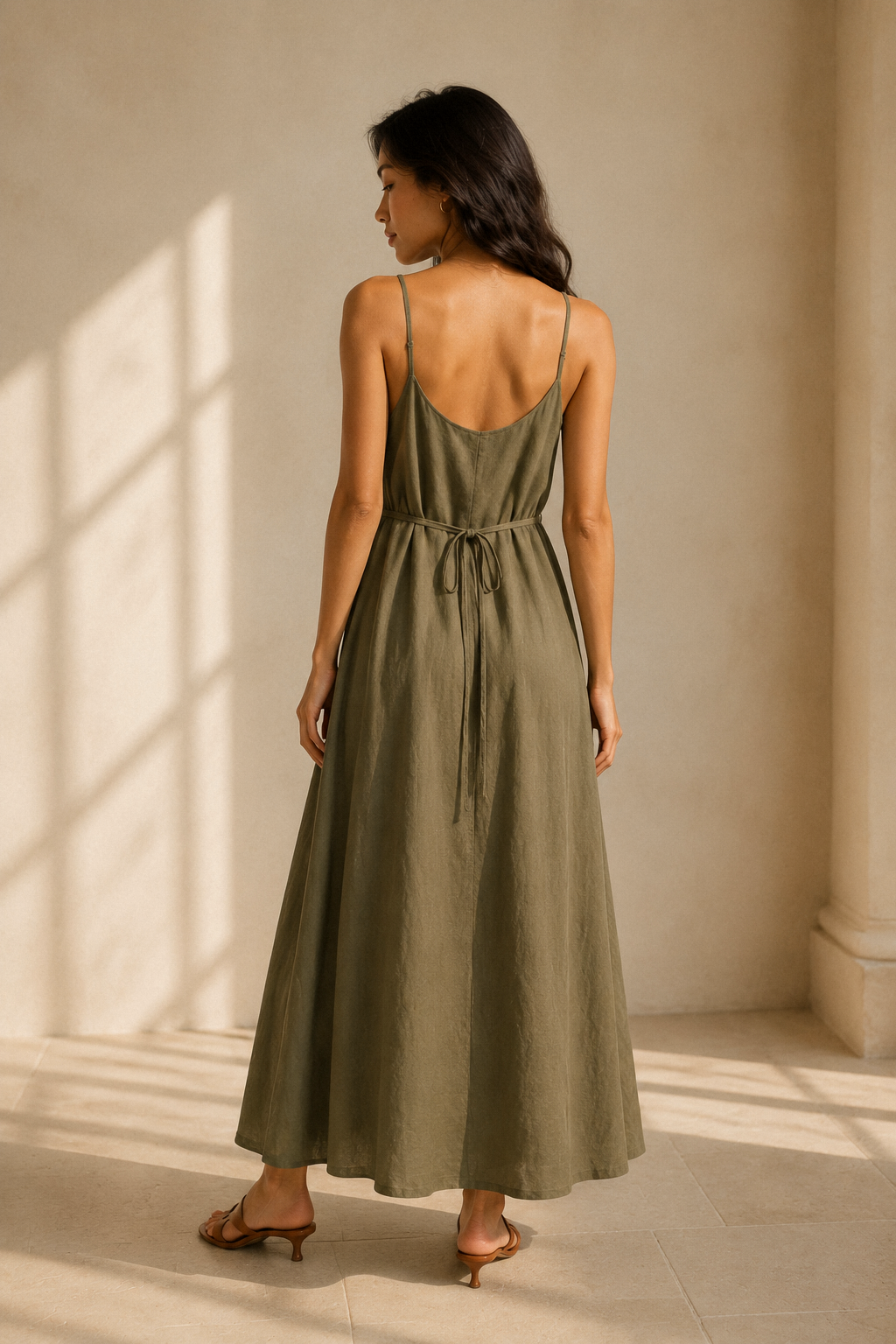 Olive green linen slip maxi dress, back view, straight back with thin straps